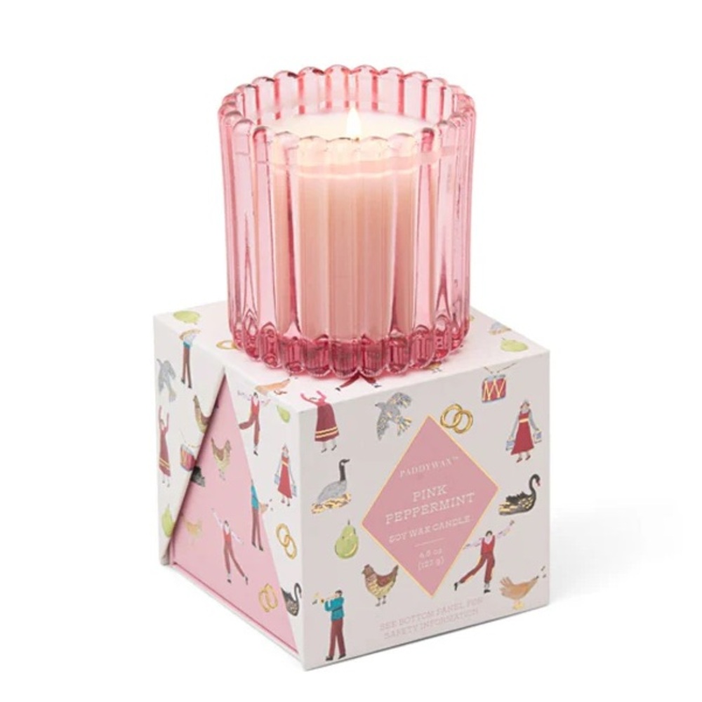 Paddywax Ribbed Glass Candle- Pink Peppermint Single Wick Candle